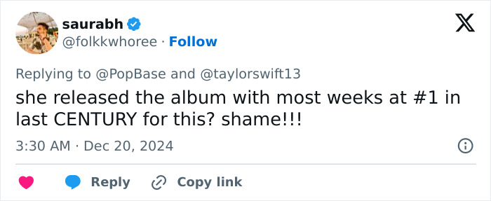 Tweet expressing fan outrage over Taylor Swift's ranking on the pop stars list. Tweet expressing fan outrage over Taylor Swift's ranking on the pop stars list.