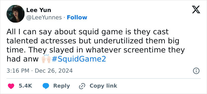Tweet about Squid Game 2 casting, praising actresses despite limited screen time, hashtagged #SquidGame2. Tweet about Squid Game 2 casting, praising actresses despite limited screen time, hashtagged #SquidGame2.