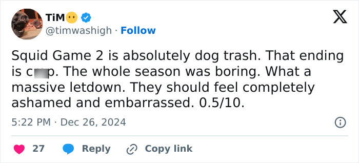 Tweet criticizing Squid Game 2 as disappointing with a low rating. Tweet criticizing Squid Game 2 as disappointing with a low rating.