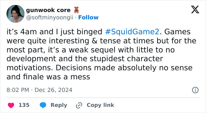 Tweet critiquing Squid Game 2, describing it as a weak sequel with nonsensical decisions and poor character development. Tweet critiquing Squid Game 2, describing it as a weak sequel with nonsensical decisions and poor character development.