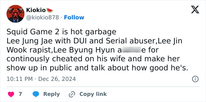 Tweet criticizing Squid Game 2 and its cast members, highlighting multiple scandals. Tweet criticizing Squid Game 2 and its cast members, highlighting multiple scandals.