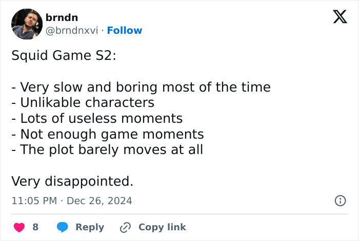 Tweet criticizing Squid Game 2 for slow pacing and unlikable characters. Tweet criticizing Squid Game 2 for slow pacing and unlikable characters.