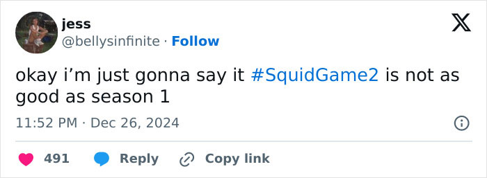 Tweet criticizing Squid Game 2, expressing disappointment compared to season 1. Tweet criticizing Squid Game 2, expressing disappointment compared to season 1.