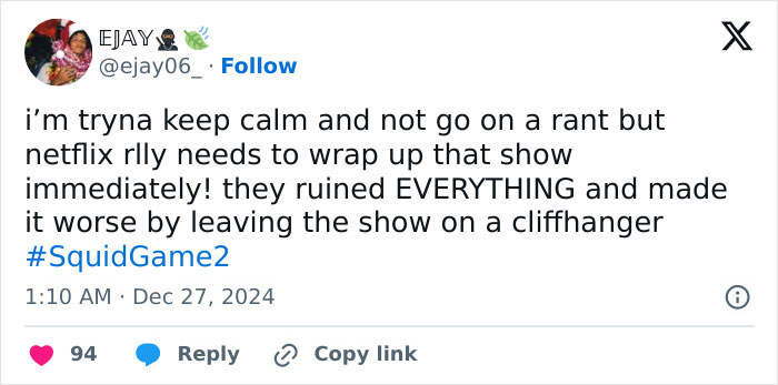 Tweet criticizing Squid Game 2, urging Netflix to conclude the show due to dissatisfaction with the ending. Tweet criticizing Squid Game 2, urging Netflix to conclude the show due to dissatisfaction with the ending.