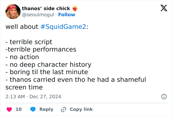 Tweet criticizing "Squid Game 2" for poor script, performances, and lack of action. Tweet criticizing "Squid Game 2" for poor script, performances, and lack of action.
