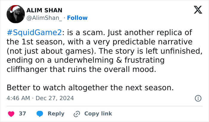 Tweet criticizing "Squid Game 2" for being a predictable replica with an unfinished, frustrating cliffhanger. Tweet criticizing "Squid Game 2" for being a predictable replica with an unfinished, frustrating cliffhanger.