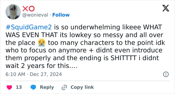 Tweet criticizing Squid Game 2 for being messy and disappointing, expressing frustration with the show's execution. Tweet criticizing Squid Game 2 for being messy and disappointing, expressing frustration with the show's execution.