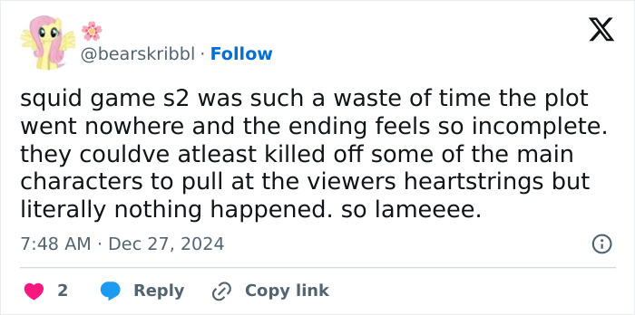 Tweet criticizing "Squid Game 2" as disappointing and incomplete, reflecting fan reactions to the show. Tweet criticizing "Squid Game 2" as disappointing and incomplete, reflecting fan reactions to the show.