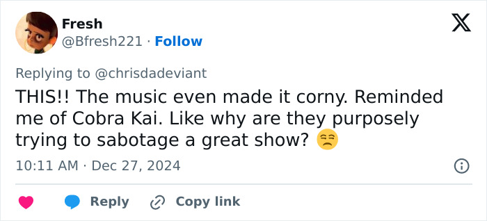 Fan criticizes "Squid Game 2," comparing its music to "Cobra Kai," questioning the show's quality. Fan criticizes "Squid Game 2," comparing its music to "Cobra Kai," questioning the show's quality.