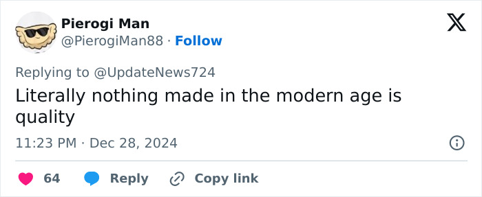Tweet from Pierogi Man criticizing modern quality, related to rusted bronze medals, French Paris 2024 Olympians. Tweet from Pierogi Man criticizing modern quality, related to rusted bronze medals, French Paris 2024 Olympians.