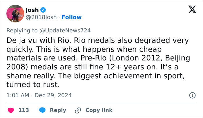Tweet discusses rusted bronze medals from Paris 2024 Olympics, comparing to Rio's rapidly degrading medals. Tweet discusses rusted bronze medals from Paris 2024 Olympics, comparing to Rio's rapidly degrading medals.