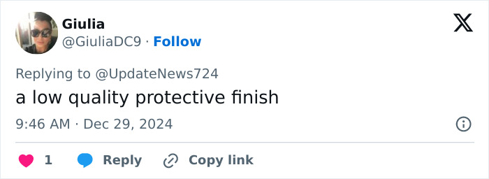 Giulia comments on French Olympians' rusted bronze medals with "a low quality protective finish" online. Giulia comments on French Olympians' rusted bronze medals with "a low quality protective finish" online.