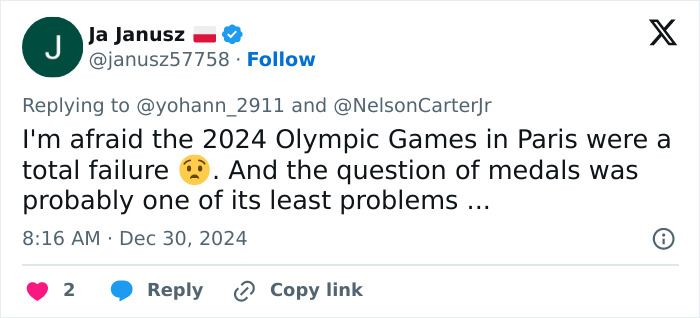 Tweet discussing the failure of the 2024 Paris Olympics, mentioning issues with bronze medals. Tweet discussing the failure of the 2024 Paris Olympics, mentioning issues with bronze medals.