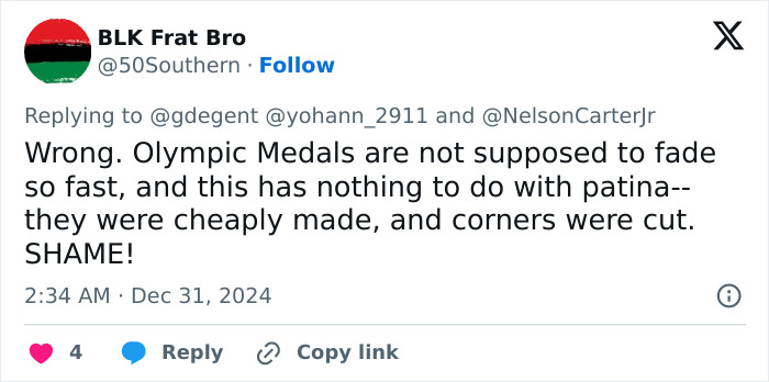Tweet criticizing French Paris 2024 Olympians' rusted bronze medals for poor craftsmanship and rapid fading. Tweet criticizing French Paris 2024 Olympians' rusted bronze medals for poor craftsmanship and rapid fading.