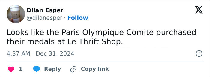 Tweet humorously commenting on Paris 2024 Olympians and rusted bronze medals. Tweet humorously commenting on Paris 2024 Olympians and rusted bronze medals.