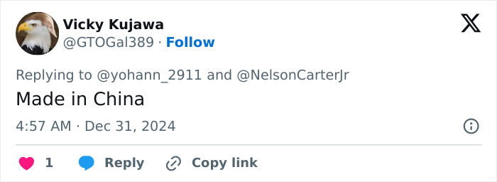 Tweet by user with eagle avatar commenting "Made in China" related to French Paris 2024 medals. Tweet by user with eagle avatar commenting "Made in China" related to French Paris 2024 medals.