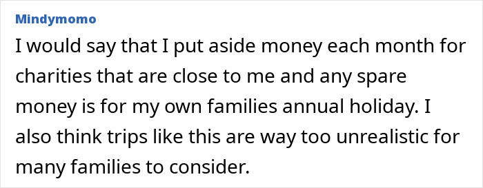Text discussing budgeting priorities over funding an exotic trip for daughter. Text discussing budgeting priorities over funding an exotic trip for daughter.
