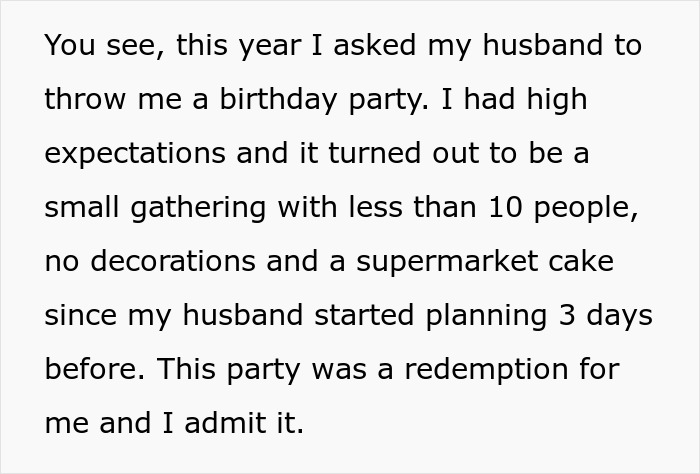 Text about a woman sharing a disappointing birthday party experience involving a small gathering and a supermarket cake. Text about a woman sharing a disappointing birthday party experience involving a small gathering and a supermarket cake.