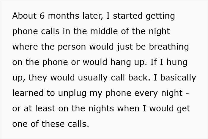 Text describing a woman's unsettling phone calls at night from a stalker returning from her youth. Text describing a woman's unsettling phone calls at night from a stalker returning from her youth.