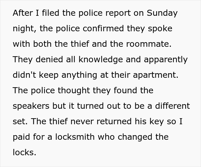 Text describing a police report about a roommate allegedly stealing from an apartment. Text describing a police report about a roommate allegedly stealing from an apartment.