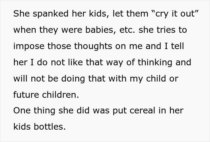 Text discussing a woman's parenting disagreements, including not allowing the MIL to see the baby, with emphasis on different child-rearing beliefs. Text discussing a woman's parenting disagreements, including not allowing the MIL to see the baby, with emphasis on different child-rearing beliefs.