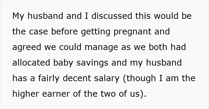 Text discussing financial planning for maternity leave between a husband and wife. Text discussing financial planning for maternity leave between a husband and wife.