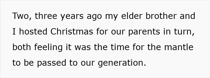 Text discussing hosting Christmas for old parents, highlighting generational traditions. Text discussing hosting Christmas for old parents, highlighting generational traditions.
