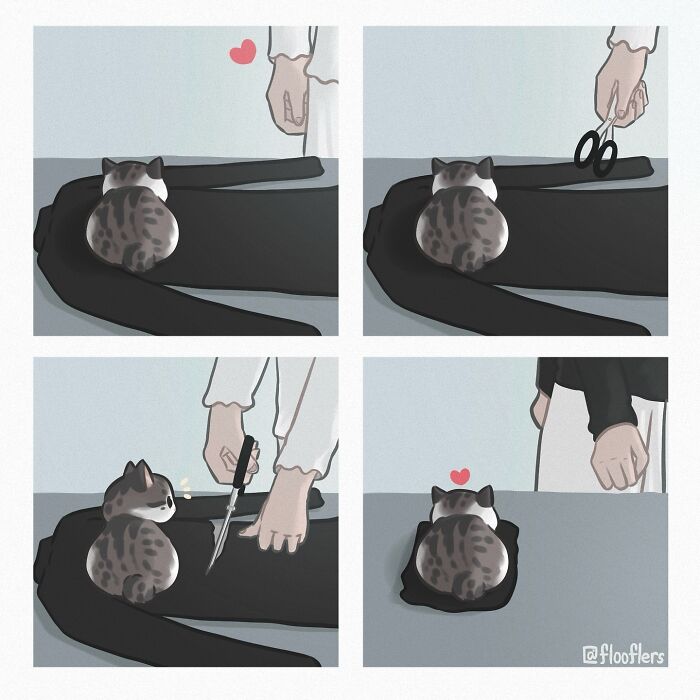 Comic illustration of a cat sitting on fabric, as a person cuts around it with scissors, creating a heart shape. Comic illustration of a cat sitting on fabric, as a person cuts around it with scissors, creating a heart shape.