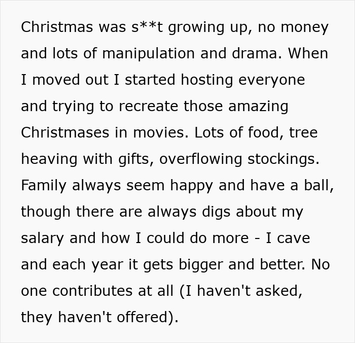 Text about a woman upset that her poor family doesn't buy her Christmas presents, feeling frustrated and unsupported. Text about a woman upset that her poor family doesn't buy her Christmas presents, feeling frustrated and unsupported.