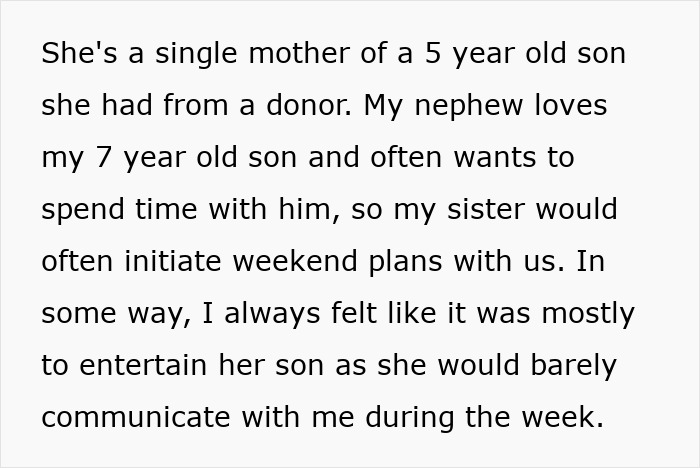 Text excerpt discussing a single mother and her sister planning weekend activities for their children. Text excerpt discussing a single mother and her sister planning weekend activities for their children.