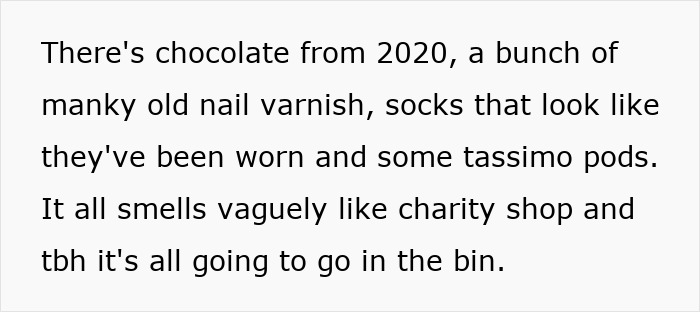 Expired Secret Santa gifts include old chocolate, used nail varnish, worn socks, and coffee pods destined for the bin. Expired Secret Santa gifts include old chocolate, used nail varnish, worn socks, and coffee pods destined for the bin.
