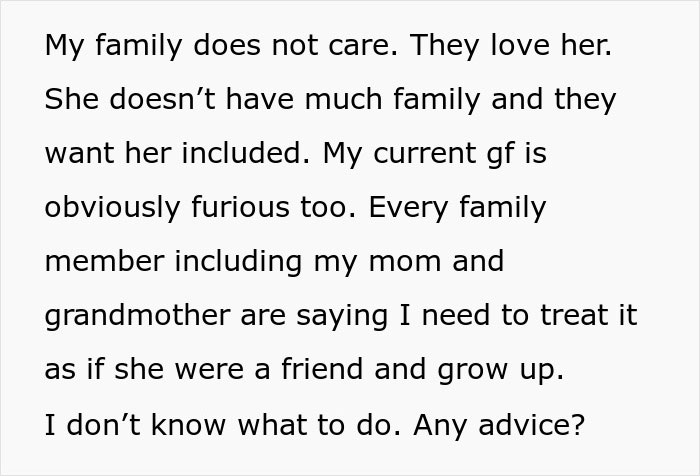 Text image with a person seeking advice online about family inviting their ex to holidays. Text image with a person seeking advice online about family inviting their ex to holidays.