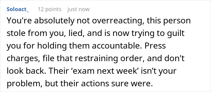 Text response discussing a friend's roommate who stole stuff from their apartment. Text response discussing a friend's roommate who stole stuff from their apartment.