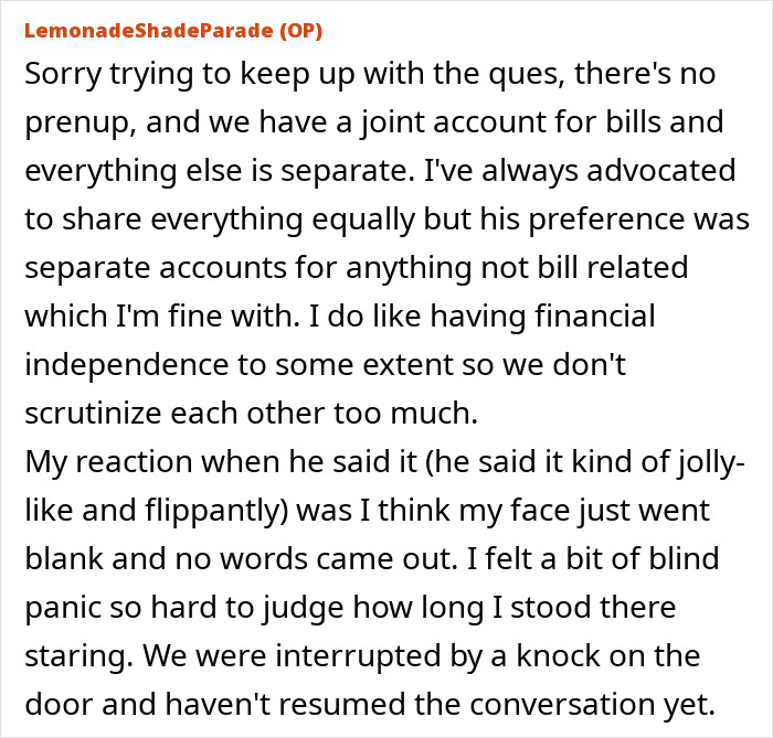 Text discussing joint and separate accounts in a relationship with focus on financial independence. Text discussing joint and separate accounts in a relationship with focus on financial independence.