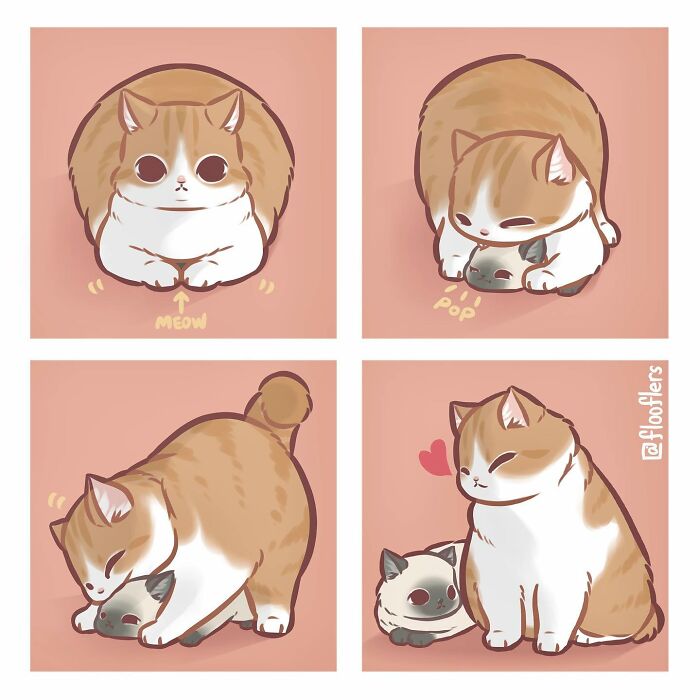 Artist's 4-panel comic of playful cats, illustrating cute and funny feline antics. Artist's 4-panel comic of playful cats, illustrating cute and funny feline antics.