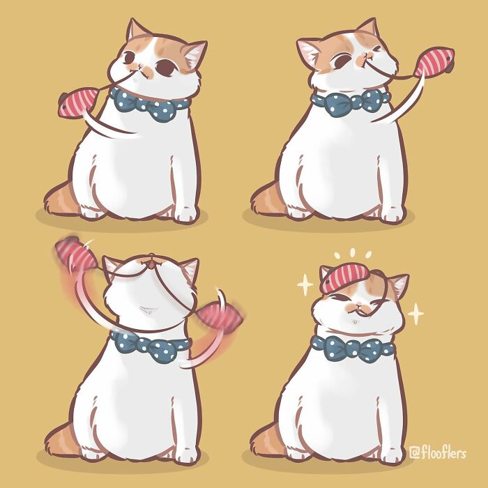 Cute cat illustrated in a 4-panel comic playing with a toy, showcasing hilarious expressions and actions. Cute cat illustrated in a 4-panel comic playing with a toy, showcasing hilarious expressions and actions.