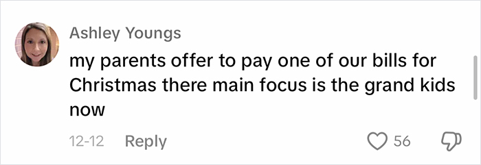 Comment about parents prioritizing grandchildren over buying individual gifts, receiving 56 likes. Comment about parents prioritizing grandchildren over buying individual gifts, receiving 56 likes.