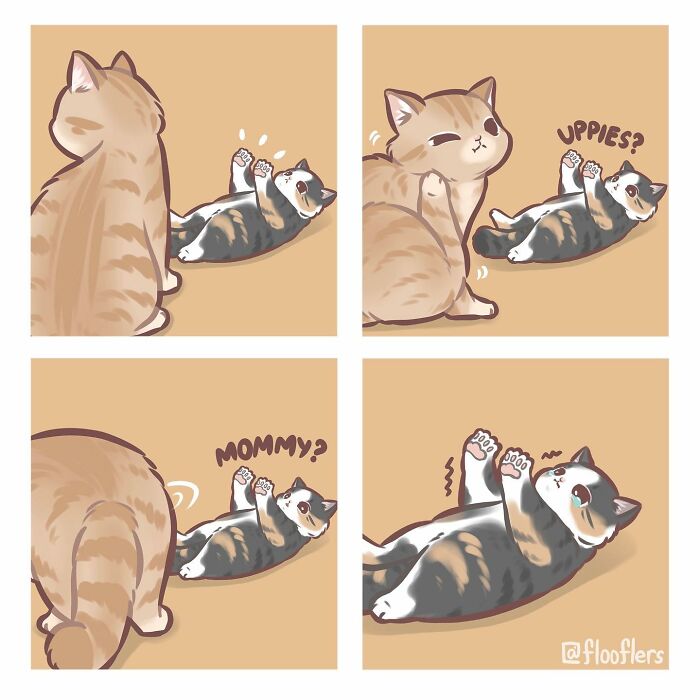 Cat video illustrated in a 4-panel comic, showing a kitten mimicking a baby calling for mom. Cat video illustrated in a 4-panel comic, showing a kitten mimicking a baby calling for mom.