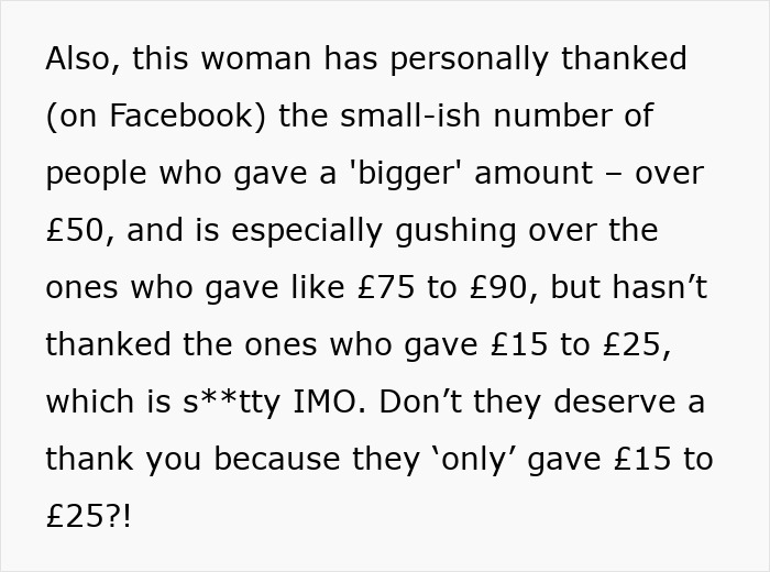 Text criticizing a woman's selective gratitude on Facebook for donations towards her daughters' exotic trip. Text criticizing a woman's selective gratitude on Facebook for donations towards her daughters' exotic trip.