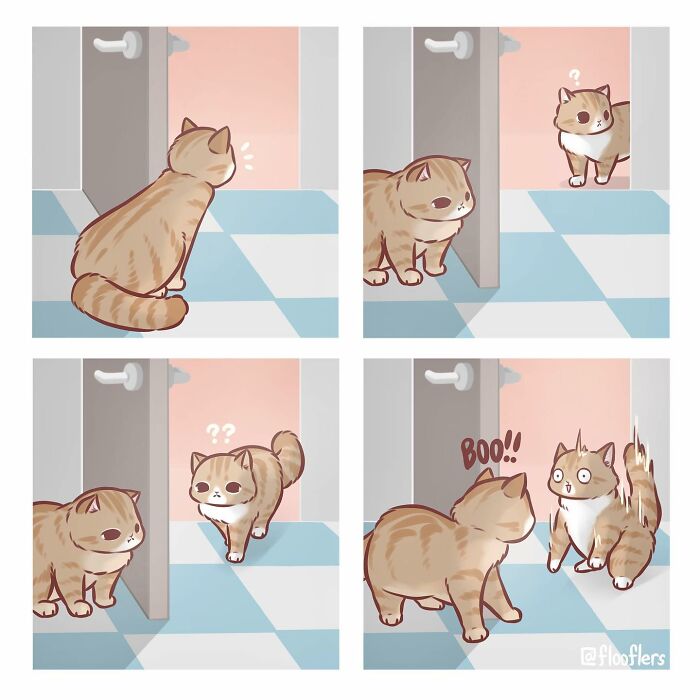4-panel comic of a cat video illustration. A curious cat gets startled by another cat with a playful "Boo!". 4-panel comic of a cat video illustration. A curious cat gets startled by another cat with a playful "Boo!".