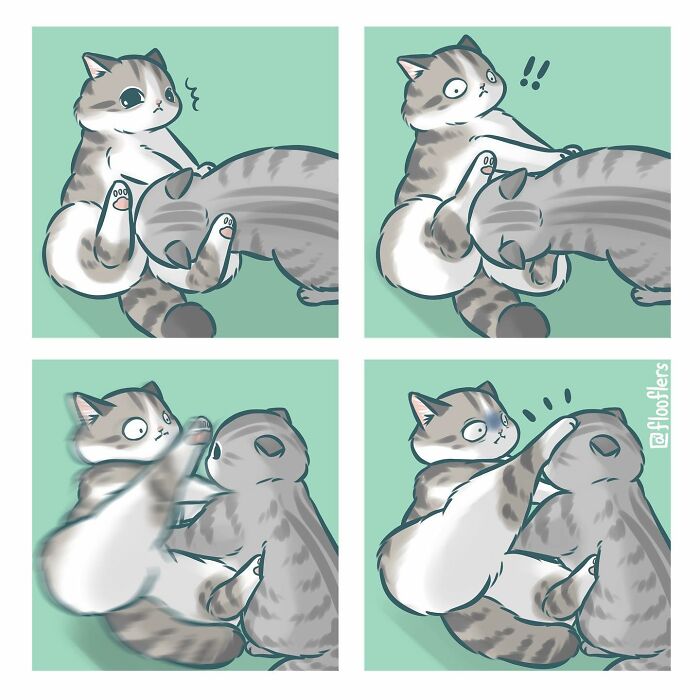 4-panel comic illustrating cats playfully interacting, capturing cute and funny moments from cat videos. 4-panel comic illustrating cats playfully interacting, capturing cute and funny moments from cat videos.