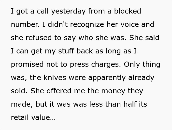 Text message from a roommate describing stolen apartment items and recovery attempt. Text message from a roommate describing stolen apartment items and recovery attempt.