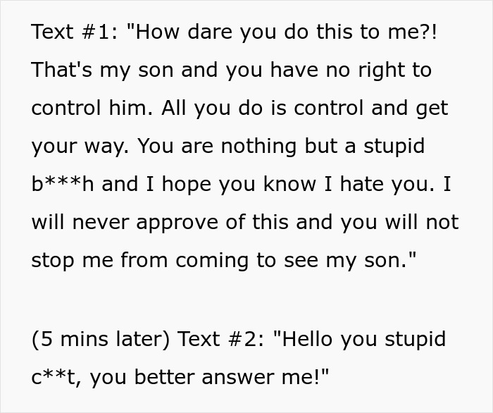 Text messages expressing anger over unannounced visits, mentioning control issues with MIL. Text messages expressing anger over unannounced visits, mentioning control issues with MIL.