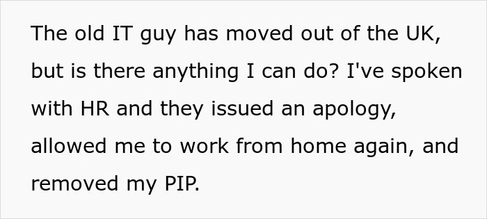 Text describing a woman discussing IT guy's career sabotage and HR apology. Text describing a woman discussing IT guy's career sabotage and HR apology.
