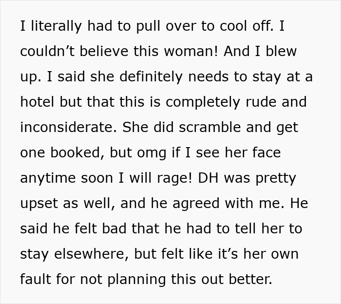 Text message expressing frustration about mother-in-law's unannounced visit, stressing the need for her to stay in a hotel. Text message expressing frustration about mother-in-law's unannounced visit, stressing the need for her to stay in a hotel.