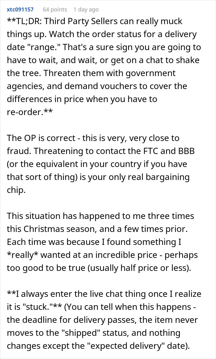 Text discussing persistence in resolving delivery issues with third-party sellers. Text discussing persistence in resolving delivery issues with third-party sellers.