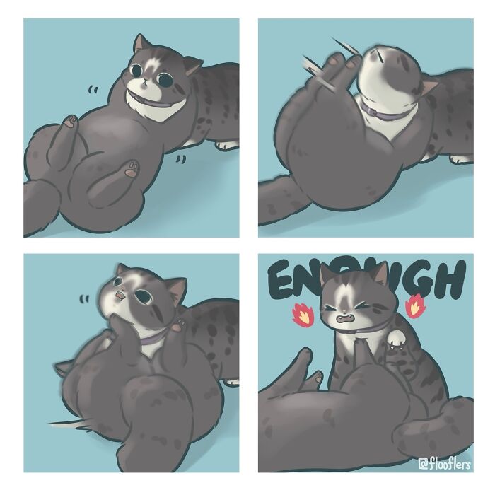 4-panel comic of a cat rolling over playfully, then angrily stopping, illustrating cat video humor. 4-panel comic of a cat rolling over playfully, then angrily stopping, illustrating cat video humor.