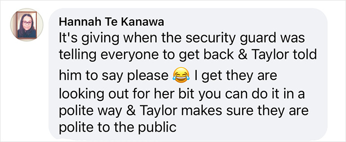 Text message discussing Taylor Swift's interaction with a security guard. Text message discussing Taylor Swift's interaction with a security guard.