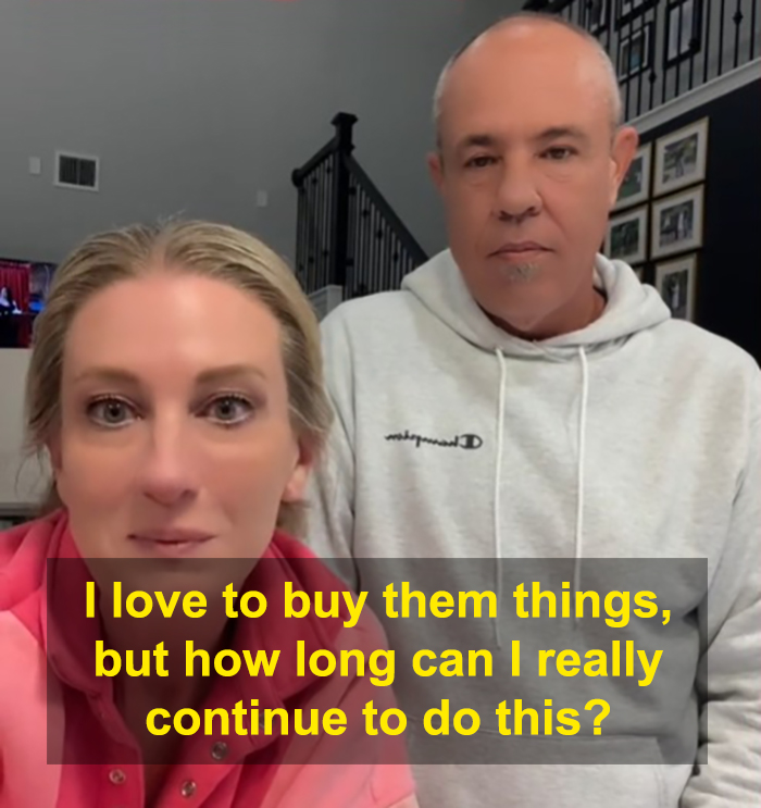 Two parents in a home setting reflecting on buying gifts for their kids, questioning financial sustainability. Two parents in a home setting reflecting on buying gifts for their kids, questioning financial sustainability.