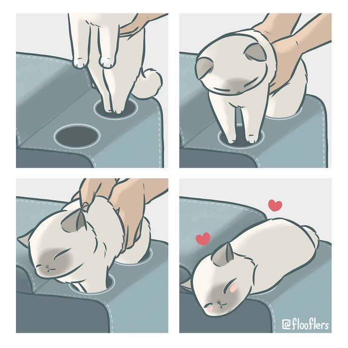 Cat video inspired comic in 4 panels, showing a cute cat contentedly fitting into a small hole, with hearts above its head. Cat video inspired comic in 4 panels, showing a cute cat contentedly fitting into a small hole, with hearts above its head.